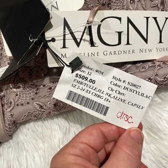 NEW MGNY by Mori Lee Beaded Lace Illusion Neck A-Line Maxi Dress Gown in Dusty L - Picture 8 of 12